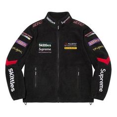 Supreme x Skittles x Polartec Jacket 'Black Multi-Color' SUP-FW21-327 Sporty Fitted Outerwear For Winter Sports, Winter Racing Sports Outerwear, Racing Style Winter Sports Outerwear, Black Racing Outerwear For Sports, Black Track Jacket For Winter Outdoor Activities, Black Racing Style Outerwear For Streetwear, Black Racing Outerwear For Streetwear, Black Windproof Sport Coat For Outdoor, Sporty Outerwear For Ski Season