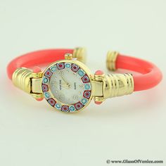 Murano millefiori bangle watch - coral pink Watches With Bracelet Strap And Round Dial, Watch With Bracelet Strap And Round Dial, Fashion Watch With Bracelet Strap And Round Dial, Glass Making, Glass Bangles, Bangle Watches, Watches Jewelry, Shades Of Purple, Italian Style