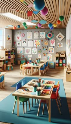 a child's playroom with wooden tables and chairs, colorful artwork on the walls