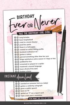 a pink and black birthday party checklist with the words, happy birthday forever on it