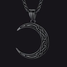 Elegant Celtic necklace for men/women, featuring a crescent moon pendant, the symbol of the ever changing yet recurring cycle of life, with decorative Celtic knotwork. Crescent moon necklace design for broken souls, good Accessories for men/women. This Celtic Moon Necklace is made of 316L stainless steel, hypoallergenic.  SPU: TP12903 Collection: Viking MateriaL: Stainless Steel Weight: 5.9g Chain Length: 55+5cm(22+2 inches) Pendant Size: 45mm*33mm Clean it with a soft dry cloth.  Keep away fro Symbolic Black Necklace With Moon Charm, Black Symbolic Jewelry With Moon Charm, Black Symbolic Moon Phase Necklace, Symbolic Black Crescent Jewelry, Celtic Moon, Spike Hoop Earrings, Celtic Necklace, Mens Earrings Hoop, Stud Earrings For Men