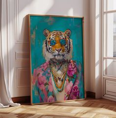 a painting of a tiger wearing a suit and necklace in front of a white wall