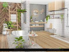 an image of a bathroom setting with plants in the bathtub and shelves on the wall