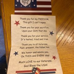 a thank you note with an american flag on it