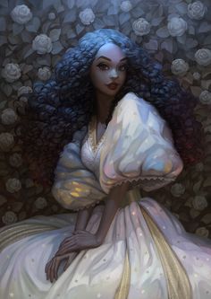 a painting of a woman with blue hair wearing a white dress and gold trimmings