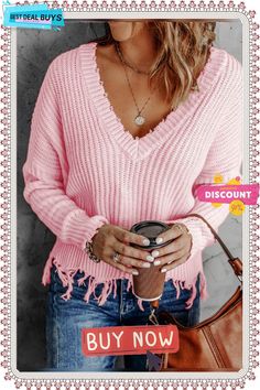 Fashion V-neck Solid Color Tassel Hole Knitted Sweater Apricot Sweater, Loose Knit Sweater, Loose Knit Sweaters, Loose Knit, Hem Top, Knitted Sweater, Types Of Collars, V Shape, Ladies Tops Fashion