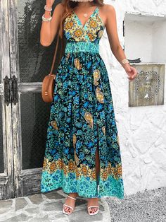 Introducing the Yasmin Floral V-Neck Boho Maxi Dress - the perfect combination of feminine and bohemian style. With its flowy silhouette and delicate floral print, this dress is perfect for any occasion. Get ready to turn heads and feel confident in this unique and playful piece! Size Guide: Model is 5’8” tall, and has a 33.8” bust, 24.2” waist, & 35.7” hips. She is wearing a S / US 4 / AU 8. This dress is true to size. Material: 100% Viscose Feature: V-neckline. Sleeveless. Boho floral prints. Front slit. Not lined. Maxi length. Relaxed fit. Care Instructions: Machine wash / Cold hand wash Tiered Dresses, Top Wedding Dresses, Bandage Dress Bodycon, Faux Leather Dress, Costume Intero, Split Dress, Boho Maxi, Spring Summer Dress, Leather Dresses