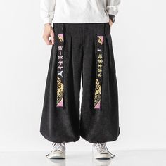 Vintage Crane Harem Pants Flutter Embroidered Corduroy Harlan Trousers Man Baggy Wide Leg Lantern Embroidery Couple, Genie Pants, Embroidered Corduroy, Fitted Jumper, Drop Crotch Pants, Harem Pants Women, Slim Sweater, Winter Pants, Womens Kimono