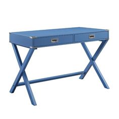 a blue desk with two drawers on it