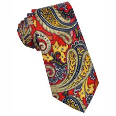 Elevate your formal attire with our exquisite Floral Tie in striking shades of red, orange, and yellow paisley. This necktie is a true masterpiece, crafted from luxurious silk, known for its smooth texture and elegant drape. The intricate floral paisley pattern adds a touch of timeless sophistication to any ensemble, making it a versatile choice for weddings, business meetings, or special occasions. Whether you're looking to make a statement or simply appreciate fine craftsmanship, this tie embo Elegant Multicolor Paisley Print Ties, Elegant Multicolor Paisley Print Suit And Tie Accessories, Red Semi-formal Necktie, Formal Red Silk Tie, Red Semi-formal Standard Tie, Multicolor Paisley Print Suit And Tie Accessories For Business, Red Standard Tie For Semi-formal Occasions, Red Necktie For Semi-formal Occasions, Red Fitted Neckwear For Gift