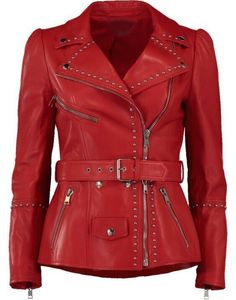 M.M.LEATHER 100% Red Pure Lambskin Biker Women's  Leather Jacket All Size XS To XXXL kindly proceed with your order from the given size chart. Highlights-: Material: 100% Real Leather Closure: Zipper Style: Leather Jacket CUSTOMIZE ORDERS: We are also dealing with customize order. We customize our order by our tailors. Just send us the picture of jacket you want to made with providing basic necessary details with your required size. So we can understand your requirements. Our expert team will review the design and get back to you with the price and delivery time within 2 working days. COST FOR CUSTOMIZE ORDERS: We are dealing with very low price in leather and we are try to make our customer happy with our dealing. The cost of a custom design leather jacket depends on the design and the am Red Leather Jacket Outfit, Leather Jacket Details, Stage Clothes, Outfits New York, Style Leather Jacket, Studded Leather Jacket, Leather Jacket Outfits, Suede Leather Boots, Peak Lapel