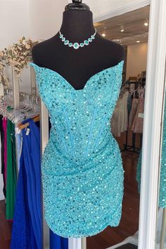 Strapless Blue Sequin Bodycon Mini Party Dress Teal Homecoming Dresses, Turquoise Homecoming Dresses, Blue Hoco Dress, Tight Homecoming Dress, Cute Formal Dresses, Short Formal Dress, Mini Party Dress, Blue Sequin Dress, Tight Mini Dress