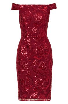 Display those lovely shoulders in this deep-red sequined sheath dress that glistens glamorously as you mingle with the crowd. 35 1/2" length Hidden back-zip closure Off-the-shoulder neck Short sleeves Lined 100% polyester Dry clean Imported Elegant Red Carpet Sequin Dress With Contrast, Elegant Red Carpet Sequin Dress With Contrast Sequin, Glamorous Sheath Dress With Sequins, Glamorous Sequin Sheath Dress, Glamorous Red Carpet Sequin Dress With Contrast, Glamorous Red Carpet Dress With Contrast Sequin, Glamorous Sheath Evening Dress With Sequins, Glamorous Sequin Dress For Red Carpet, Red Carpet Dresses With Contrast Sequin For Party Season