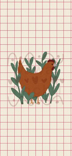 a brown chicken sitting on top of a green leafy plant next to a red and white checkered wall