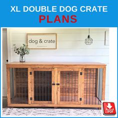 a large wooden dog crate with two doors and one door open on the outside wall