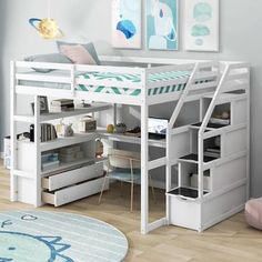 a white loft bed with desk underneath it in a room next to a blue rug