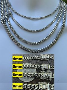 Gorgeous mens or ladies cuban link chains or bracelets Box clasp for an authentic and secure lock Solid stainless steel Looks IDENTICAL to a solid white gold chain   100% NICKEL & BRASS FREE so it will never turn your neck green! These chains will last years even decades and will never tarnish. Stainless steel is extremely durable perhaps more than solid silver or gold It will never turn green VERY HEAVY & SOLID FEELS JUST LIKE GOLD! Here are some sample weights for different thickness and lengt White Gold Cuban Link Chain Bracelet, Silver Chain Cuban Link Bracelet As A Gift, Silver Tarnish-resistant Cuban Link Bracelet, Cuban Link Curb Chain Necklace, Stainless Steel Cuban Link Bracelet With Silver Chain, Stainless Steel Cuban Link Silver Chain, White Gold Cuban Link Necklace, Silver Chain Link Jewelry With Stainless Steel Clasp, Cuban Link Bracelet With Stainless Steel Clasp