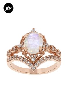 1.44ct Oval Rainbow Moonstone And 0.58ctw Round White Zircon 18k Rose Gold Over Sterling Silver Ring. Measures Approximately 0.84"L x 0.71"W. Not Sizeable. Accent Stones Primarily Zircon. Rainbow Moonstone, 18k Rose Gold, Sterling Silver Ring, Moonstone, Beautiful Jewelry, Silver Ring, Sterling Silver Rings, 18k Gold, Silver Rings