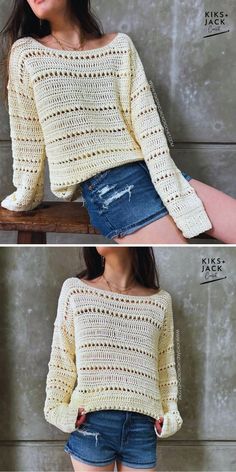 two photos of a woman wearing shorts and a sweater with crochet on it