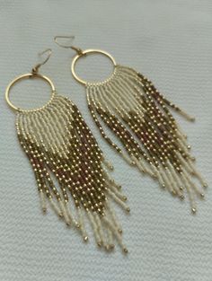 Beaded Earring, Fringe Earring, Bohostyle Earring, Beach Jewelry, Miyuki Earring , Gift for Her Beige Jewelry With Dangling Beads As Gift, Beige Jewelry With Dangling Beads For Gift, Handmade Beige Dangle Jewelry, Beige Handmade Dangle Jewelry, Nickel-free Beige Dangle Earrings, Beige Nickel Free Dangle Earrings, Beige Nickel-free Dangle Earrings, Beige Dangle Jewelry With Ear Wire, Handmade Beige Drop Earrings