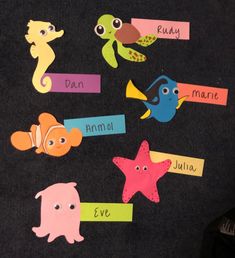 Door decorations with different finding nemo characters and resident names. Spring Semester Door Decs, Finding Nemo Door Decs, Shrek Door Decs, College Dorm Door Decorations Name Tags, Dorm Name Tags Resident Assistant, Dorm Door Decs, Cute Ra Door Decs, Finding Nemo Classroom, Ra Door Decks