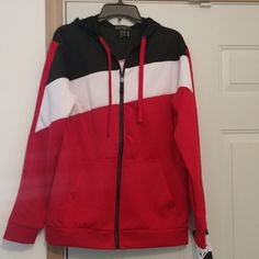 Mens Medium Hoodie Black, Red, & White. New With Tags! Zipper Front. Beautiful Colors, A Quick Hoodie To Grab To Keep You Warm. Red Winter Track Jacket With Drawstring Hood, Red Fleece Hooded Sports Jacket, Sporty Red Hoodie Outerwear, Red Sporty Hoodie Outerwear, Red Fleece Sporty Hooded Jacket, Red Sporty Fleece Hooded Jacket, Red Cotton Hooded Track Jacket, Red Hooded Cotton Track Jacket, Casual Red Track Jacket With Double-lined Hood