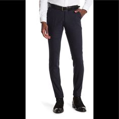 New And In Perfect Condition Slim Fit Blue Bottoms For Fall, Blue Slim Fit Bottoms For Fall, Elegant Blue Dress Pants For Fall, Blue Business Pants For Spring, Fitted Blue Dress Pants For Office, Spring Business Blue Pants, Chic Blue Dress Pants With Welt Pockets, Blue High-waisted Dress Pants With Belt Loops, Tailored Blue Dress Pants With Belt Loops