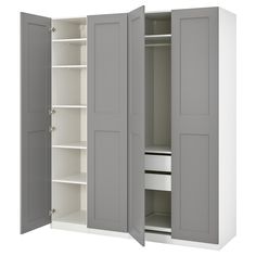 an open closet with two doors and shelves