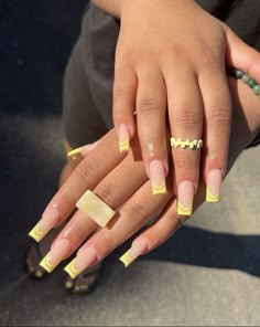 Tapered Square Acrylic Nails Designs, Long Square Nails Summer, Medium Length Nails Summer, Yellow Tip Nails Acrylic, Yellow Square Acrylic Nails, Pastel Yellow French Tip Nails, Square Yellow Nails, Yellow Nails French Tip, Yellow Nails Art Designs