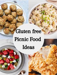 four different pictures with the words gluten free picnic food ideas on top and bottom