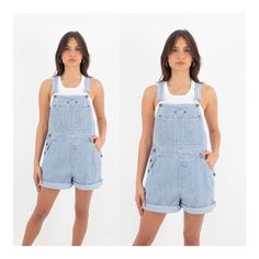 "90s 1990s Blue Striped Denim Cotton Overalls | Spring Summer Dungarees | Womens Ladies Girls Short Overalls - 4 Sizes S, M, L & XL For 10% off your first purchase visit - www.marlowvintage.com.au Soft mid-weight cotton/denim Anna is wearing Size S For best fit, please use the measurements as a guide to determine the right size for you.  If in doubt, size up. EXCELLENT vintage condition - No two vintage pieces are identical.  Each pair will vary slightly in colour and may show minor signs of wear; such as small holes, areas of frayed denim, discolourations and marks.  Any major flaws will be listed. Measurements Size: S (tagged S) Waist: ~ 31\" Hips: ~ 42\" Length: Adjustable straps - can be made longer or shorter Fabric: Cotton / Denim Brand: Bill Blass   Size: M (tagged M) Waist: ~ 35\" Medium Wash Short Length Cotton Overalls, High Rise Denim Blue Cotton Shortalls, High Rise Medium Wash Cotton Shortalls, Retro Blue Cotton Shortalls, Retro Cotton Dark Wash Shortalls, Retro Dark Wash Cotton Shortalls, Blue Cotton Shortalls, Blue Relaxed Fit Denim Shortalls, 90s Style Medium Wash Denim Jumpsuit