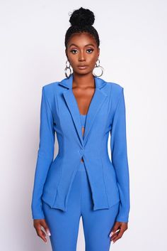 Blue Dionne Blazer Jacket – Kloset Envy Blue Notch Lapel Blazer For Work, Tailored Single-breasted Blazer For Night Out, Chic Blue Business Blazer, Fitted Solid Color Blazer For Night Out, Chic Blue Blazer With Hidden Button Closure, Fitted Single Button Blazer For Night Out, Single Button Fitted Blazer For Night Out, Single-breasted Notch Lapel Suit For Night Out, Single Breasted Notch Lapel Suits For Night Out