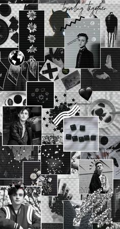 black and white collage with many different images