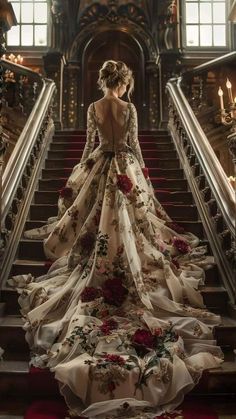 White Wedding Dress Red Accents, Rose Pattern Wedding Dress, Unique Red Carpet Dresses, Romantic Gothic Wedding Dress, Wedding Dress With Red Accents, White Gothic Wedding Dress, Autumn Gown, Roses Wedding Dress, Red And White Wedding Dress