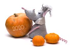 a stuffed mouse next to two pumpkins on a white background with the year 2020 written on it