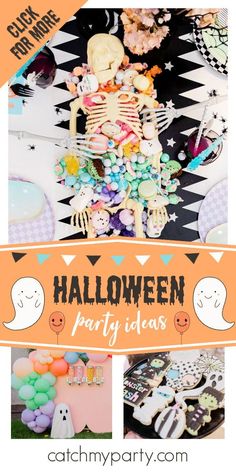 a halloween party with lots of treats and decorations on the table, including an orange sign that says halloween party ideas