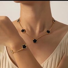 Trendy Five Leaf Fine Black Lucky Flower Designs Necklace And Bracelet Set Black Flower Jewelry, Black Jewelry Necklace Gold, Lucky Flower, Necklace And Bracelet Set, Leaf Bracelet, Jewelry Black, Jewelry Essentials, Leaf Jewelry, Black Bracelets