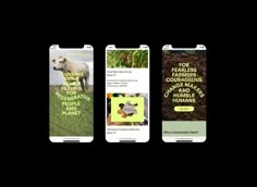 three cell phones with different ads on the front and back covers, one for feeding animals