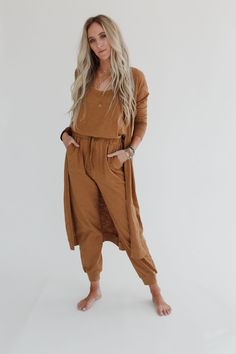 3BN Set to Go Textured Jumpsuit And Cardigan Set - Camel  |  Dresses  - Three Bird Nest Relaxed Fit Brown Jumpsuits And Rompers For Fall, Casual Fall Jumpsuits And Rompers For Loungewear, Casual Fall Loungewear Jumpsuits And Rompers, Beige Jumpsuits And Rompers For Fall Loungewear, Brown Loungewear Jumpsuits With Pockets, Chic Brown Jumpsuits And Rompers For Loungewear, Chic Fall Jumpsuits And Rompers For Loungewear, Relaxed Fit Jumpsuits And Rompers For Fall Day Out, Fall Day Out Relaxed Fit Jumpsuits And Rompers