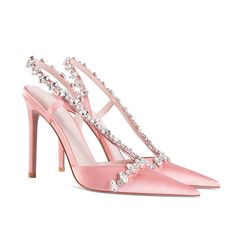 Shop Pink Satin Crystal Cross Strap Heeled Sandals Closed Toe Bridal Slingback Shoes color Pink for Going out, Party, Wedding, Work with worldwide Free shipping & Free return. Crystal Cross, Slingback Shoes, Pointed Toe Heels, Black Wedding, Valentino Studs, Pink Satin, Shoe Size Chart, Cross Straps, Heeled Sandals