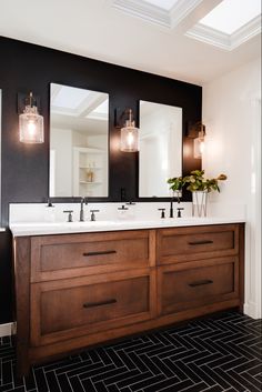 Transformation of a master bath! Non White Master Bath, White Brown And Black Bathroom, Black Basement Bathroom, Master Bath Masculine, Master Bath With Black Tile, Black White And Brown House Decor, Black Floor Master Bath, Modern Black Master Bath, Dark Color Bathroom Ideas Paint