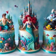 there are three cakes decorated to look like mermaids