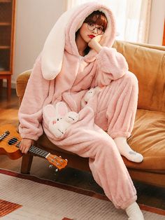 Fabric: polyester Warm up in style with this double-sized, dreamy, and cozy pajama set made from breathable, fleece-like material. Perfect for staying warm in chilly temperatures! Bunny Onesie, Flannel Pjs, Pajamas All Day, Women Sleepwear, Pink Pajamas, Flannel Pajama Sets, Cozy Pajamas, Pajamas Sets, Cute Pajamas