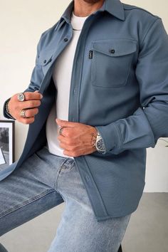 Embellished Button Down Shirt Jacket – Shirts In Style Shirt Cuff, Perfect Man, Button Shirt, Fall Looks, Stylish Shirts, Steel Blue, Modern Man, Casual Look, Black Design