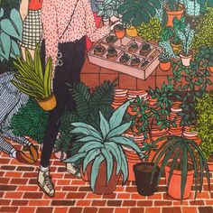 a painting of a woman standing in front of potted plants and houseplants