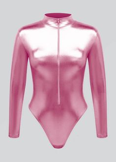 a shiny pink bodysuit with zippers on the front and back, is shown