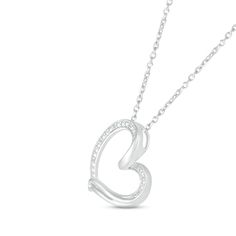 Show your love with this chic and sentimental necklace, featuring a swirling heart that hangs at a tilt and is accented by dainty round diamonds. Crafted in sterling silver, the pendant sways from an 18-inch cable chain that secures with a lobster clasp. Elegant Sterling Silver Heart Necklace For Anniversary, Formal Sterling Silver Heart Necklace With Diamond Accents, Sterling Silver Open Heart Necklace With Diamond Accents, Sentimental Necklace, Necklace Sterling Silver, Cable Chain, Heart Necklace, Lobster Clasp, Round Diamonds