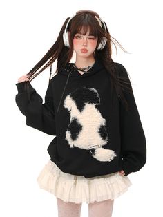 Embrace cuteness with our delightful hoodie, adorned with an adorable puppy back design that adds a playful touch to your outfit. The hood is uniquely styled with a crisscross drawstring, providing both functionality and a trendy look. Perfect for casual wear, this hoodie combines comfort and kawaii fashion effortlessly.  Please note, the price is for one hoodie only.   	 		 			Size 			S 			M 			L 		 		 			Length 			70 			72 			74 		 		 			Bust 			116 			120 			124 		 		 			Shoulders 			54 			55 Playful Cotton Hoodie With Drawstring Hood, Playful Hoodie With Drawstring Hood, Playful Hoodie With Drawstring Hood For Streetwear, Playful Black Hooded Hoodie, Cute Fleece Sweatshirt With Drawstring Hood, Cute Fleece Hoodie With Drawstring, Semi Sheer Top, Adorable Puppy, Raw Hem Jeans