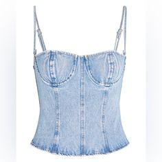 Gorgeous Denim Top With A Sheer, Mesh Cream-Colored Zip-Up Back. It’s Too Large For Me, I Wish I Could Make It Work Because This Piece Is So Hot It’s Definitely A Head-Turner! Never Worn, Only Tried On Once. Brand New - Sold Out Online, Rare! (First Image Is A Stock Image). “Weworewhat Puts A Twist On Your Classic, Feminine Corset With Its Light-Wash Denim And Contrasting Back Mesh Panel.“ Bust Measurement: 17” Across, Laid Flat Under Bust / Smallest Part Of Corset: 15” Laid Flat Style Number: Wwdt50-3 Fabric: 100% Cotton Back Zip Closure Dry Clean Revolve, Chic, Trendy, Stylish, Plus Size, Curvy, Spaghetti Strap, Jean, City Style, Intermix, Saks, Nordstrom, Frwd, Net A Underwire Corset, Denim Corset Top, Classic Feminine, Denim Corset, City Style, Mesh Panel, Light Wash Denim, Light Denim, Fashion Flats