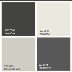 some gray and white paint colors with different names on the same color swatches for each one